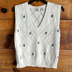 90s Y2K Vintage Coral Bay Golf White Embroidered Argyle Preppy Sweater Vest xl